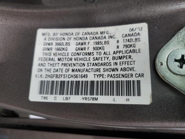 2HGFB2F51CH561649 - 2012 HONDA CIVIC LX GRAY photo 12