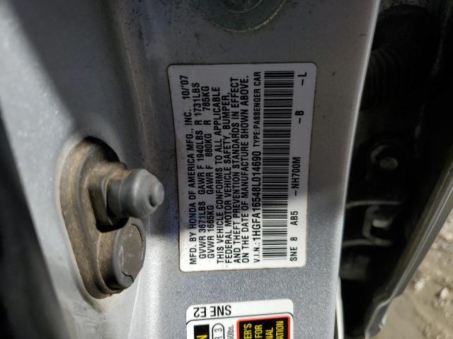 1HGFA16548L014690 - 2008 HONDA CIVIC LX SILVER photo 12