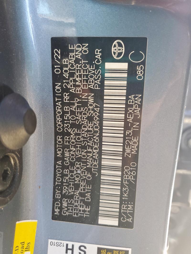 JTDEAMDE6NJ049947 - 2022 TOYOTA COROLLA LE GRAY photo 12