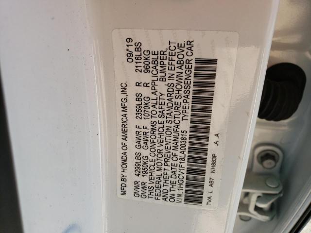 1HGCV1F18LA003815 - 2020 HONDA ACCORD LX WHITE photo 12