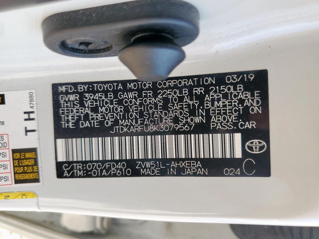 JTDKARFU8K3079567 - 2019 TOYOTA PRIUS Ақ фото 14