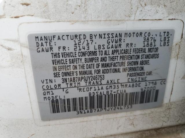 3N1AB7AP9JY246753 - 2018 NISSAN SENTRA S WHITE photo 12