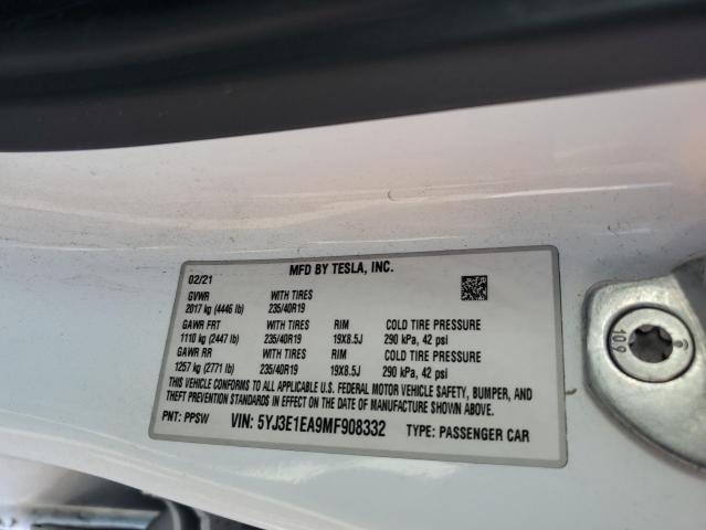 5YJ3E1EA9MF908332 - 2021 TESLA MODEL 3 Ağ foto 12