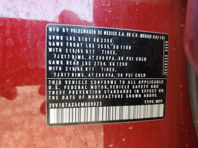 3VV1B7AX5KM009023 - 2019 VOLKSWAGEN TIGUAN S Czerwony zdjęcie 12