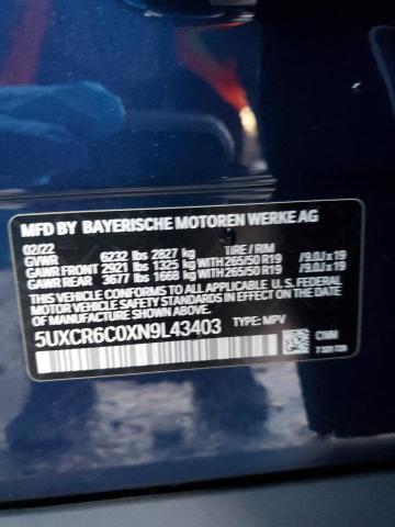 5UXCR6C0XN9L43403 - 2022 BMW X5 XDRIVE40I BLUE photo 12