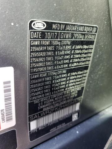 SALWR2FK2HA694578 - 2017 LAND ROVER RANGE ROVE HSE GRAY photo 13