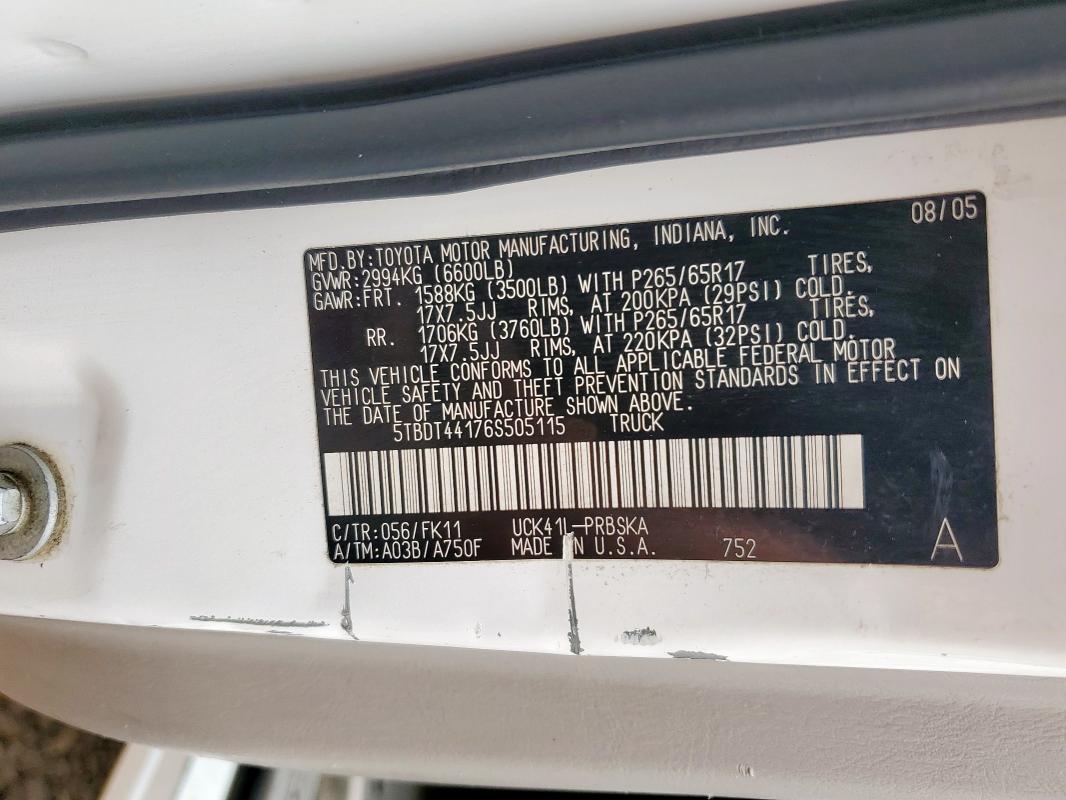 5TBDT44176S505115 - 2006 TOYOTA TUNDRA DOUBLE CAB SR5 WHITE photo 12