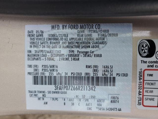 3FAFP07Z66R211342 - 2006 FORD FUSION SE GOLD photo 12