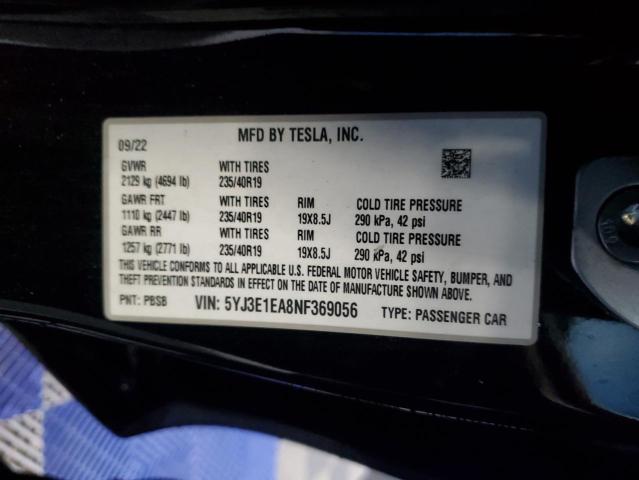 5YJ3E1EA8NF369056 - 2022 TESLA MODEL 3 Qara foto 13