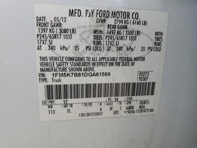 1FM5K7B81DGA61569 - 2013 FORD EXPLORER WHITE photo 13