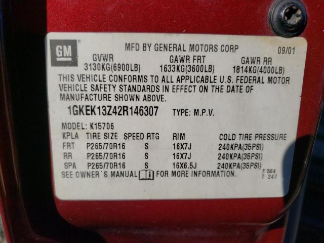 1GKEK13Z42R146307 - 2002 GMC YUKON BURGUNDY photo 13