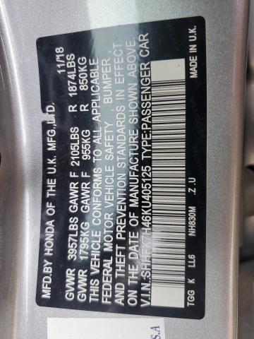 SHHFK7H46KU405125 - 2019 HONDA CIVIC SPORT Արծաթագույն լուսանկար 13