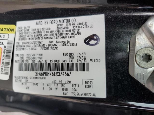 3FA6P0H76ER374567 - 2014 FORD FUSION SE BLACK photo 12