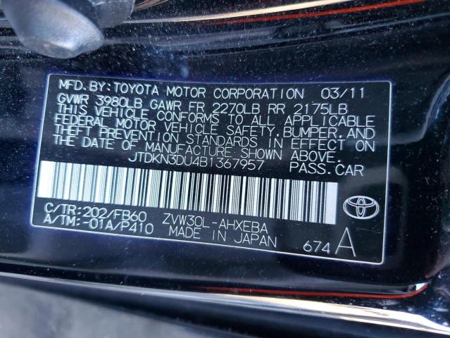 JTDKN3DU4B1367957 - 2011 TOYOTA PRIUS BLACK photo 12