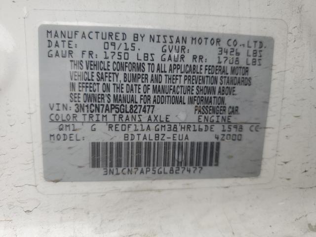 3N1CN7AP5GL827477 - 2016 NISSAN VERSA S 白色 照片 12