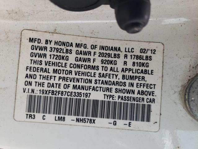 19XFB2F87CE335197 - 2012 HONDA CIVIC EX WHITE photo 12