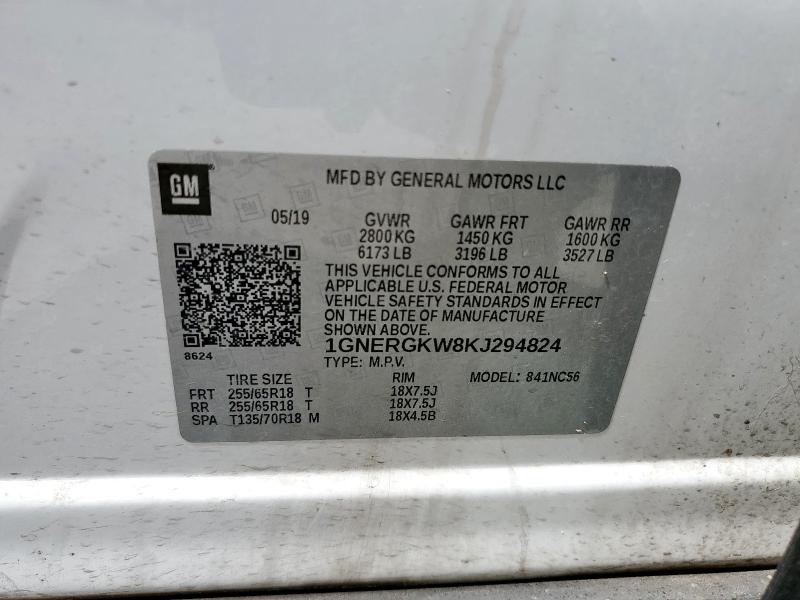 1GNERGKW8KJ294824 - 2019 CHEVROLET TRAVERSE LT Ақ фото 13