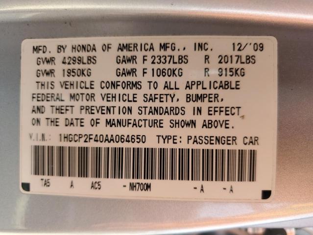 1HGCP2F40AA064650 - 2010 HONDA ACCORD LXP SILVER photo 12