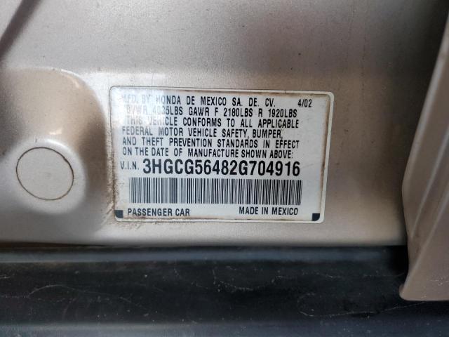 3HGCG56482G704916 - 2002 HONDA ACCORD LX BEIGE photo 12