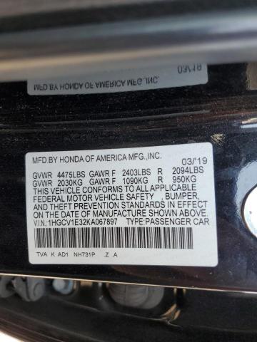 1HGCV1E32KA067897 - 2019 HONDA ACCORD SPORT 黑色 照片 12