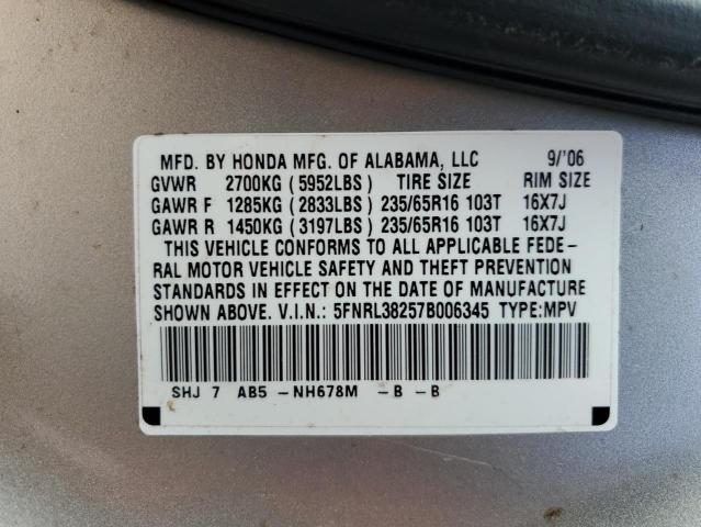 5FNRL38257B006345 - 2007 HONDA ODYSSEY LX SILVER photo 13