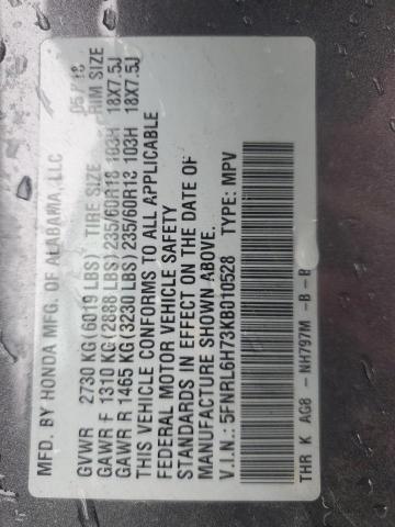 5FNRL6H73KB010528 - 2019 HONDA ODYSSEY EXL 灰色 照片 14