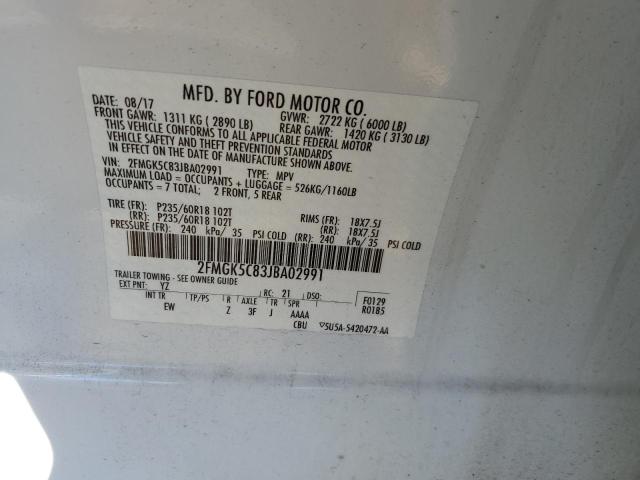 2FMGK5C83JBA02991 - 2018 FORD FLEX SEL WHITE photo 12