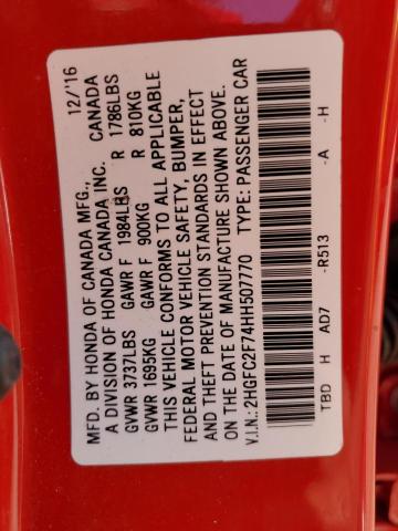 2HGFC2F74HH507770 - 2017 HONDA CIVIC EX 红色 照片 12