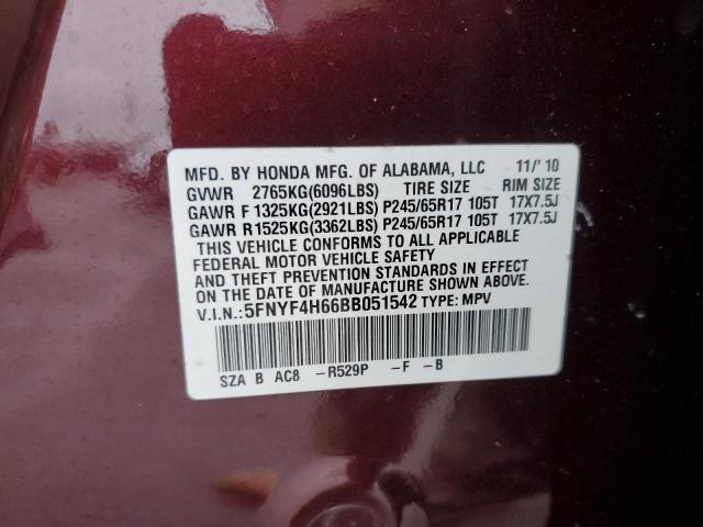 5FNYF4H66BB051542 - 2011 HONDA PILOT EXL BURGUNDY photo 13