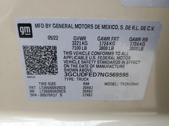 3GCUDFED7NG569595 - 2022 CHEVROLET SILVERADO K1500 LT TRAIL BOSS TAN photo 12