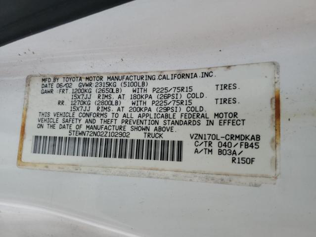 5TEWN72N02Z102902 - 2002 TOYOTA TACOMA XTRACAB WHITE photo 12