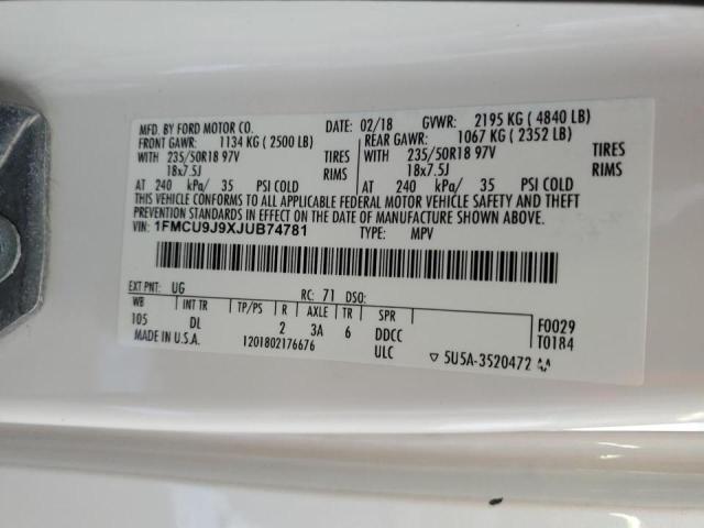 1FMCU9J9XJUB74781 - 2018 FORD ESCAPE TITANIUM თეთრი ფოტო 14