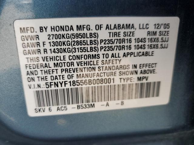 5FNYF18556B008001 - 2006 HONDA PILOT EX 蓝色 照片 12