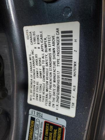 2HGFG3B86FH519117 - 2015 HONDA CIVIC EX GRAY photo 12