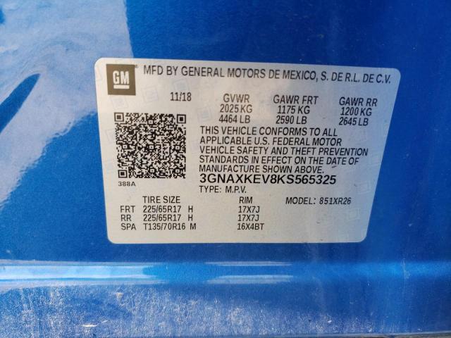 3GNAXKEV8KS565325 - 2019 CHEVROLET EQUINOX LT BLUE photo 13