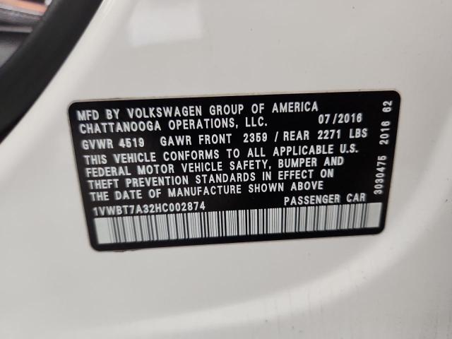 1VWBT7A32HC002874 - 2017 VOLKSWAGEN PASSAT SE WHITE photo 12