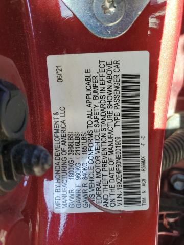 19XZE4F50NE001909 - 2022 HONDA INSIGHT EX MAROON photo 12