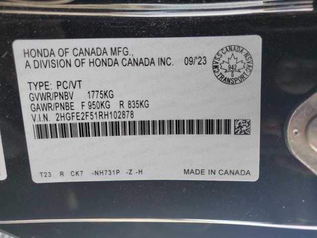 2HGFE2F51RH102878 - 2024 HONDA CIVIC SPORT BLACK photo 13