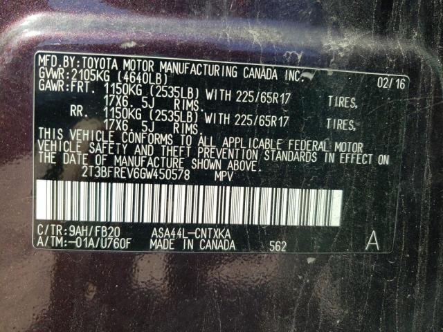 2T3BFREV6GW450578 - 2016 TOYOTA RAV4 LE PURPLE photo 13