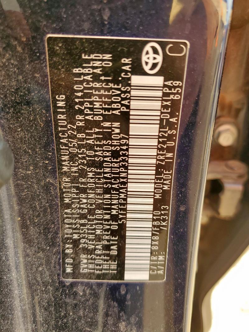 5YFEPMAEXNP333497 - 2022 TOYOTA COROLLA LE ლურჯი ფოტო 12