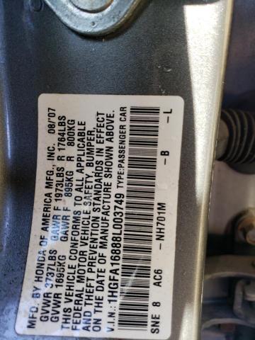 1HGFA16888L003749 - 2008 HONDA CIVIC EX GRAY photo 12