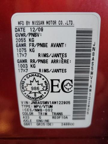 JN8AS5MV1AW122905 - 2010 NISSAN ROGUE S RED photo 12