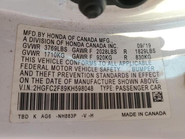 2HGFC2F89KH598048 - 2019 HONDA CIVIC SPORT Blanc photo 12