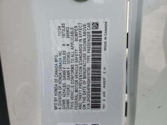 2HGFE4F84SH316758 - 2025 HONDA CIVIC SPORT WHITE photo 12