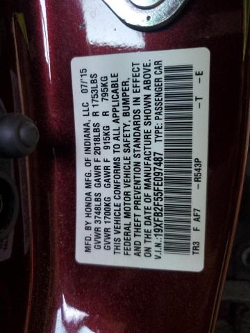 19XFB2F55FE097487 - 2015 HONDA CIVIC LX RED photo 12