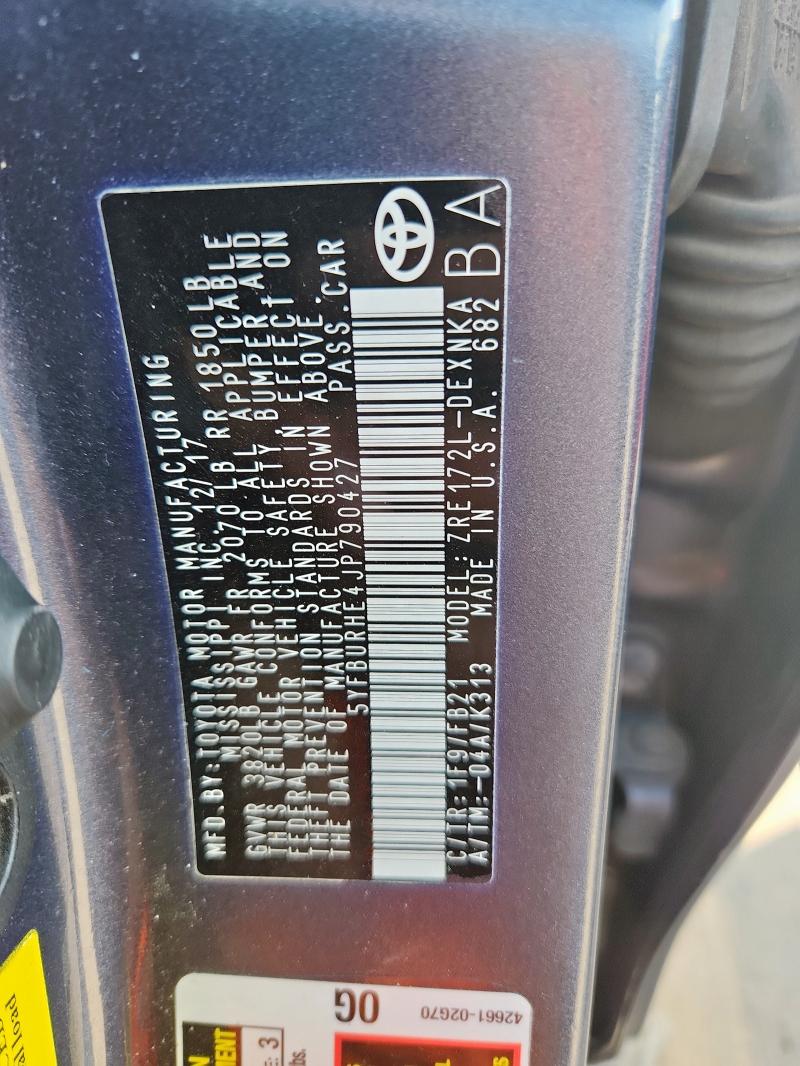 5YFBURHE4JP790427 - 2018 TOYOTA COROLLA LE L GRAY photo 12