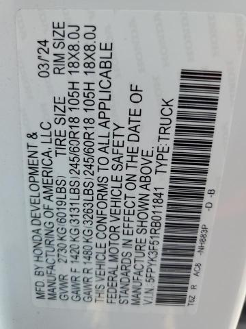 5FPYK3F51RB011841 - 2024 HONDA RIDGELINE RTL WHITE photo 12