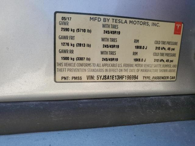5YJSA1E13HF196994 - 2017 TESLA MODEL S SILVER photo 12
