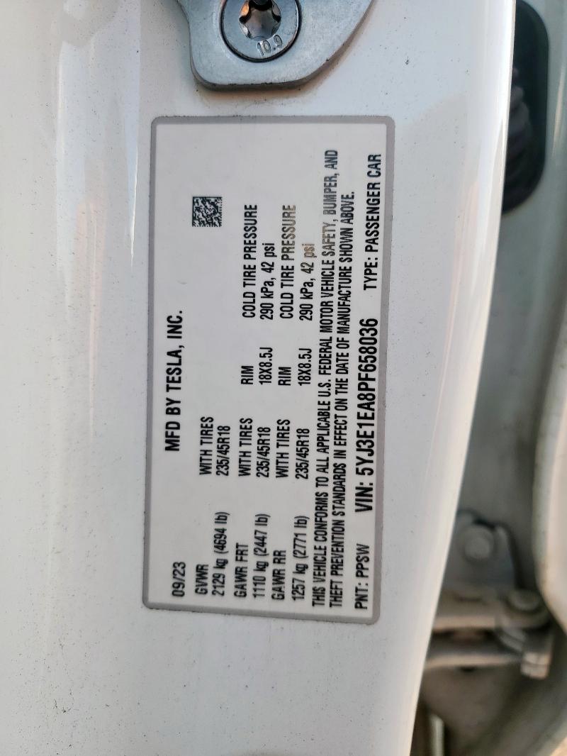 5YJ3E1EA8PF658036 - 2023 TESLA MODEL 3 白色 照片 13