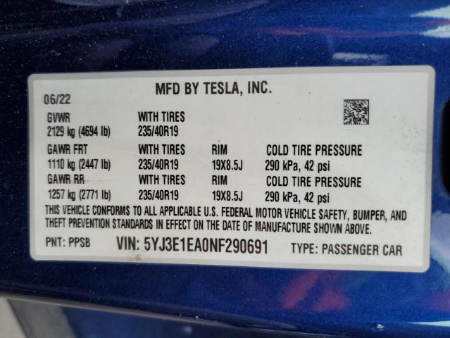 5YJ3E1EA0NF290691 - 2022 TESLA MODEL 3 ლურჯი ფოტო 12